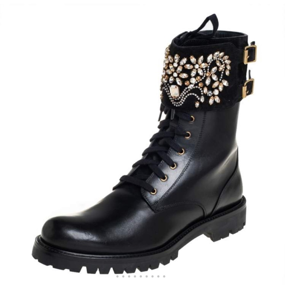 Rare Rene Caovilla Black Crystal Embellished Suede Combat Boots Size 38.5 - Picture 3 of 16